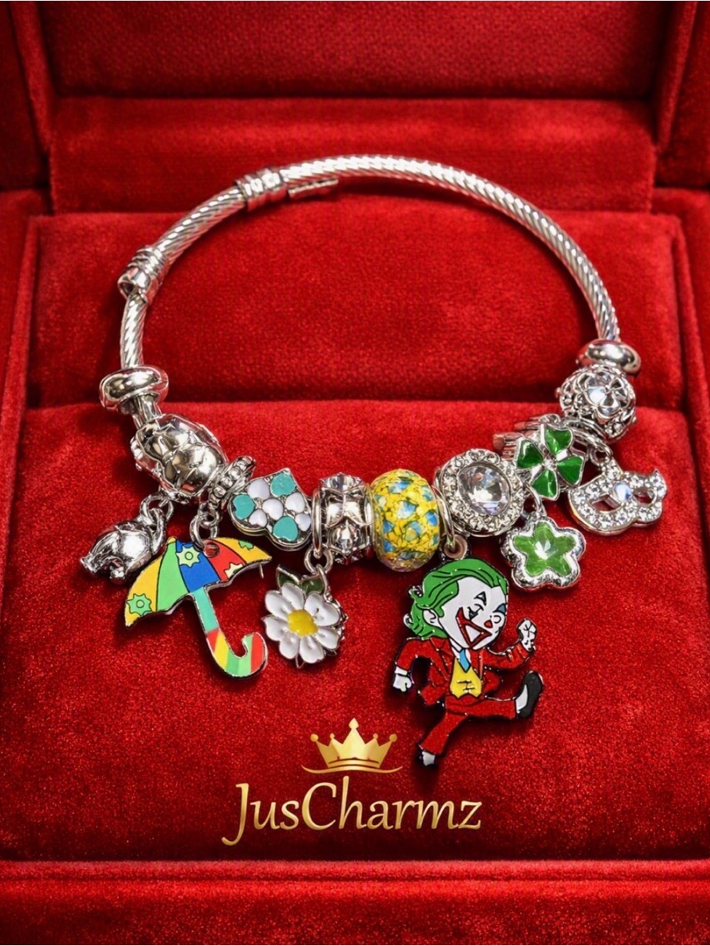 Silver Charm Bracelet with Colorful Enamel Charms - Green & Multicolor